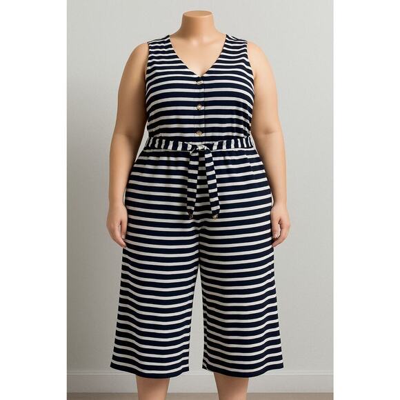 MONTEAU Womens Navy/White Striped Sleeveless Tie Button Up Crop Jumpersuit - Picture 1 of 11